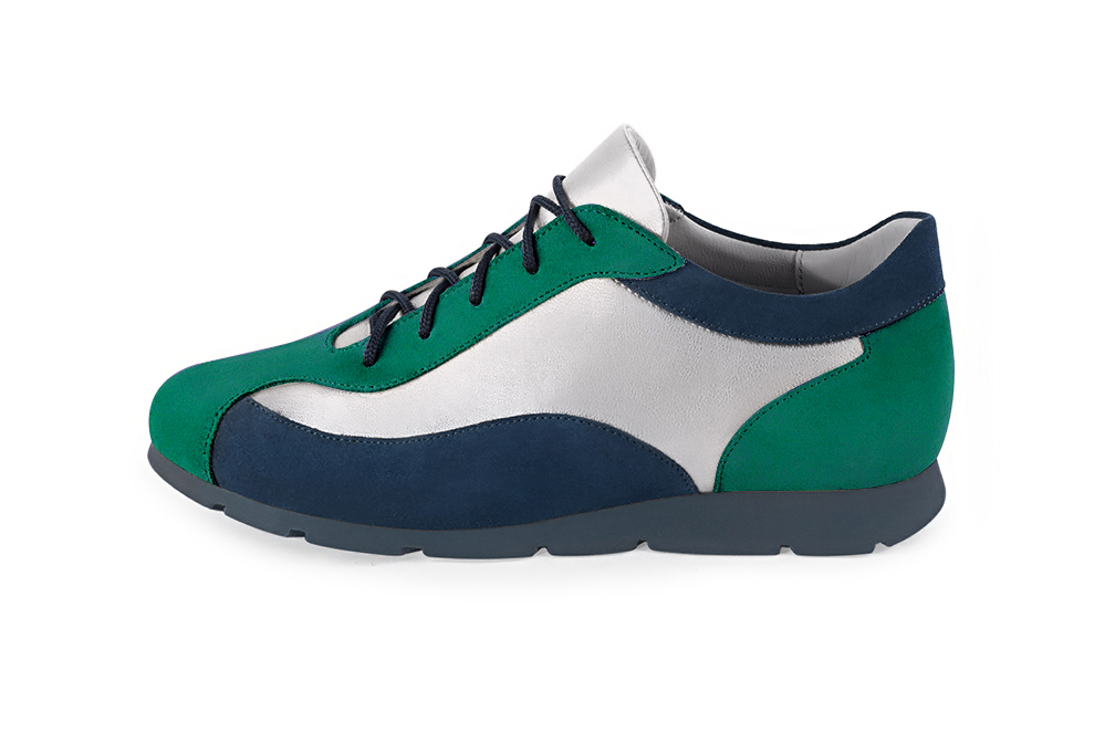 Emerald green, light silver and navy blue women's elegant sneakers. Round toe. Flat rubber soles. Profile view - Florence KOOIJMAN